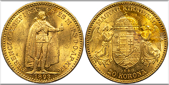 Featured World Coin: HUNGARY Franz Josef I   1893-KB 20 Korona